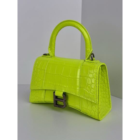 BALENCIAGA Crocodile Embossed Neon Green Leather Hourglass Top Handle Bag - Picture 1 of 15